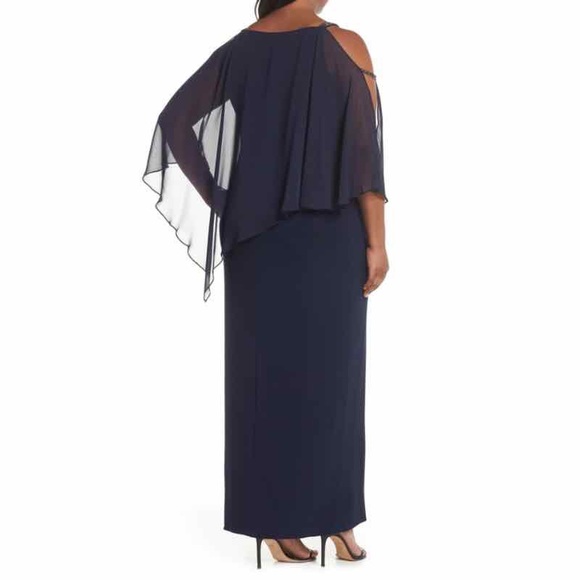 ESCAPE Chiffon Overlay Split Sleeve Gown Navy Blue - Picture 2 of 7